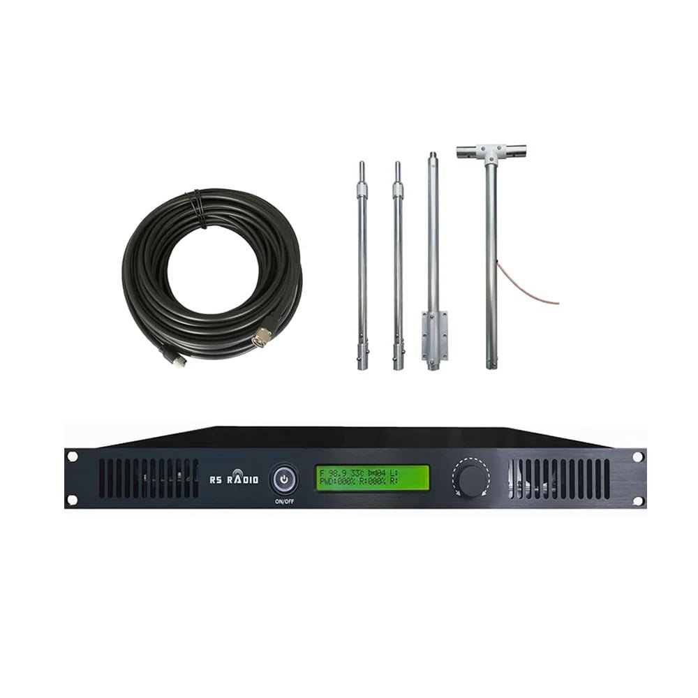 Complete 50W FM radio station setup diagram showing transmitter, coaxial cable, and antenna