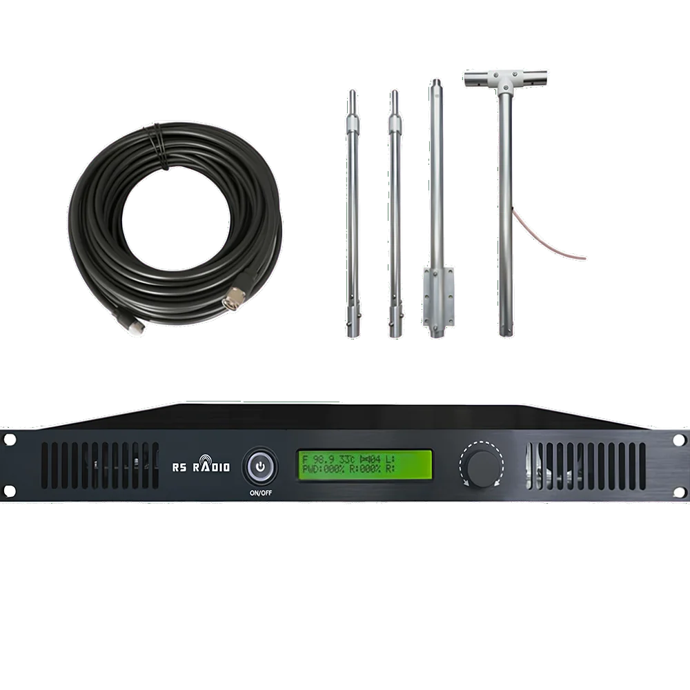 Complete 50W FM radio station setup diagram showing transmitter, coaxial cable, and antenna